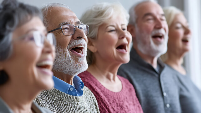Group of elderly people singing, sharing healthy aging secrets, united by supportive health network, improving body detoxification processes through joy. 