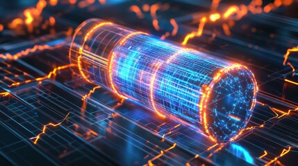 An abstract representation of a futuristic battery, illuminated with vibrant orange and blue lights, showcasing energy and innovation in technology.