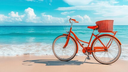 Fototapeta premium Orange Bicycle on Sandy Beach with Ocean View