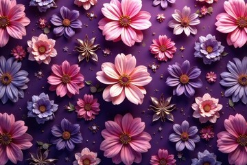 A vibrant tapestry of pink and purple blossoms, meticulously arranged on a rich purple backdrop, adorned with delicate gold accents, creating a captivating floral composition.