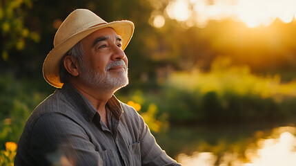 Older man fishing, practicing healthy aging secrets, fostered by supportive health network, promoting body detoxification processes via relaxation and sunshine. 