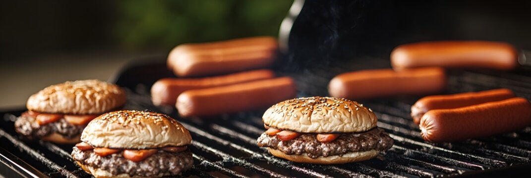 Grilled burgers and hot dogs on barbecue