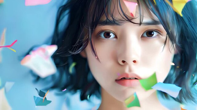 たくさんの舞い落ちる付箋紙と混乱した表情の若いアジア人女性