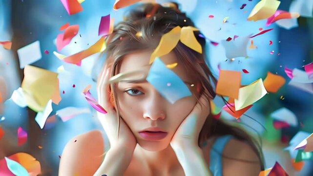 たくさんの舞い落ちる付箋紙と混乱する若い女性