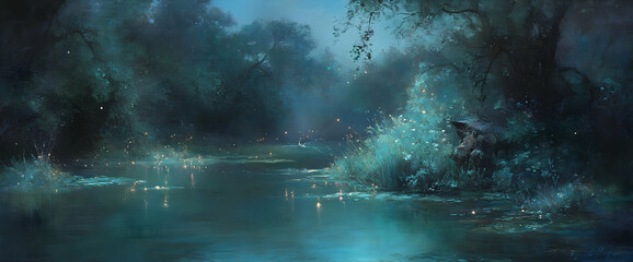 Enchanting fairy by river at night, magical forest background, fantasy art © juriah