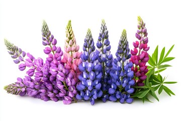Obraz premium Lupine Flower Arrangement on White - Vibrant lupine blossoms in purple, pink, and blue hues arranged together with green leaves, isolated on a white background