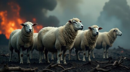 Fototapeta premium A Flock of Sheep Stands Silently Against a Fiery, Smoky Backdrop, Observing the Aftermath of a Catastrophe