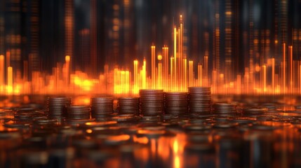 Dynamic candlestick trading chart overlay on reflective surface financial visualization urban environment digital viewpoint