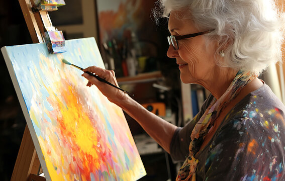 Senior woman painting, expressing healthy aging secrets through art, encouraged by supportive health network, supporting body detoxification processes via creativity. 