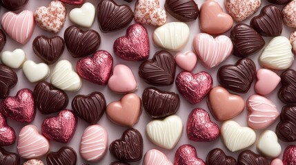 Assorted dark, milk, and white chocolates with romantic details--tiny hearts, pink drizzle, and rose patterns, high-resolution, isolated on white