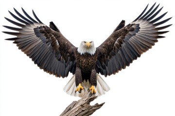 Obraz premium Majestic Bald Eagle on White Background - A powerful bald eagle with wings outstretched, perched on a weathered branch against a pristine white backdrop. Symbolizing freedom, strength, power, vision