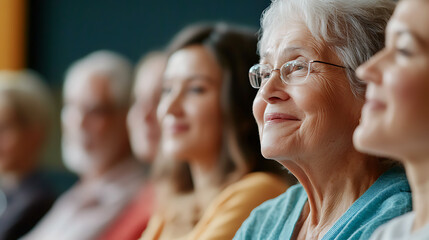 Seniors attending a lecture, learning healthy aging secrets, engaging with supportive health network, understanding body detoxification processes through knowledge. 
