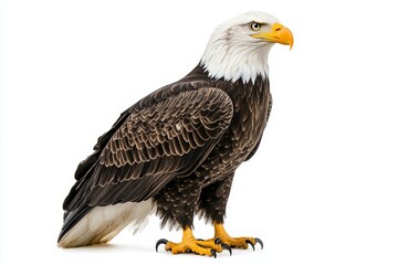 Obraz premium Majestic Bald Eagle on White Background - A striking of a bald eagle, perched on a pristine white background. The eagle's details are clearly visible