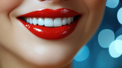 Fototapeta premium Smiling woman with bright red lipstick in soft focus indoor setting portrait photography bright colors