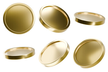 3D rendering minimal golden coins isolated on a black background in different views. A set of...