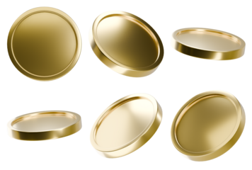 3D rendering minimal golden coins isolated on a black background in different views. A set of golden money in different directions.