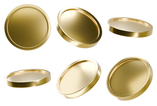 3D rendering minimal golden coins isolated on a black background in different views. A set of golden money in different directions.