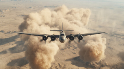 Aerial Assault: A historic bomber aircraft, silhouetted against the backdrop of a turbulent dust cloud in a dramatic aerial shot, conveys the intensity of a strategic operation. 