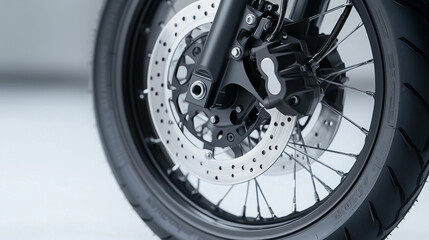 Fototapeta premium Motorcycle Wheel Detail: A close-up shot of a motorcycle wheel, showcasing the intricate design of the spokes, tire, and brake disc.