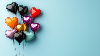 Assorted glossy heart balloons with glitter finishes and silk string attachments, vibrant cut out style
