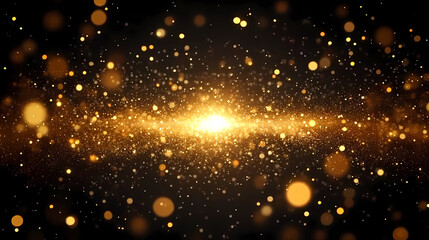 Fototapeta premium Golden Cosmic Dust Swirling Around a Radiant Light Source Against a Black Background