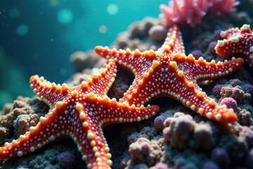 Stunning Underwater Closeup of Two Vibrant Orange Starfish Resting on a Textured Ocean Floor