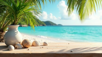 Obraz premium Serene coastal scene with tropical plant in a vase and seashells on a wooden surface, idyllic beach background