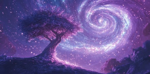 Tree stands beneath a swirling galaxy in a magical scene