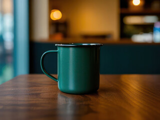 Fototapeta premium Army Green Stainless Steel Mug Mockup on Wooden Table in Cozy Cafe Interior