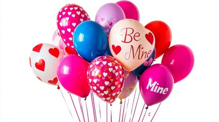 Assorted latex balloons with love-themed prints like hearts, arrows, and "Be Mine" text, vibrant colors, isolated white background