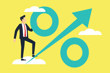 Interest rate, tax or VAT increase, loan and mortgage rate upward trend, investment profit or dividend rising up concept, businessman banker, FED or government put upward arrow on percentage symbol