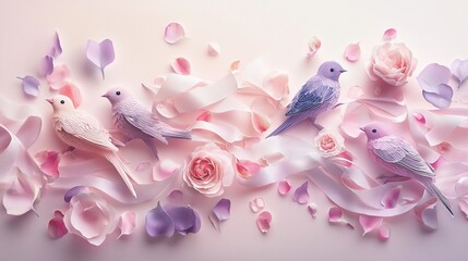 Obraz premium Assorted lovebirds resting on delicate ribbon bows and scattered rose petals, soft pink and purple hues, cut-out style
