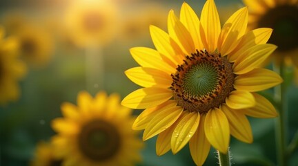 Obraz premium A Vibrant Sunflower in a Field Basking in the Golden Hour Sunlight, Dew Drops Adorning its Petals, Creating a Stunning Natural Image of Summer's Beauty