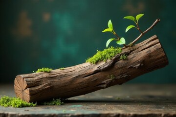 Fototapeta premium A weathered log, adorned with vibrant moss and delicate new growth, rests gently on a rustic wooden surface, a poignant image of nature's resilience and the cyclical renewal of life.