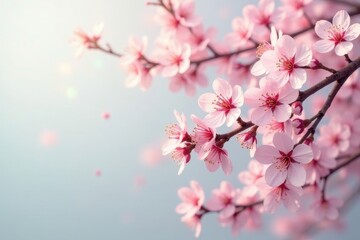Fototapeta premium Delicate Pink Blossoms on Branch, Gentle Breeze, Soft Sunlight, Springtime Floral Beauty