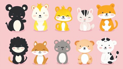 Fototapeta premium Cute cartoon animals, various species, diverse poses, sitting, happy expressions, childlike style.