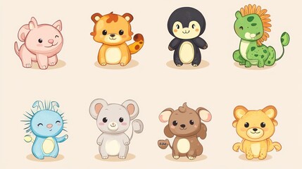 Cute cartoon animals, various species, playful poses, stylized design, kawaii style, childlike illustrations, adorable characters, set of animals, digital art, graphic design, vector illustration.