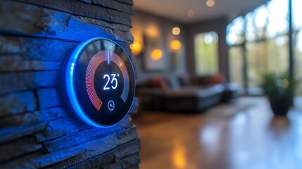 Smart Home Thermostat Displaying 23 Degrees Celsius on Brick Wall