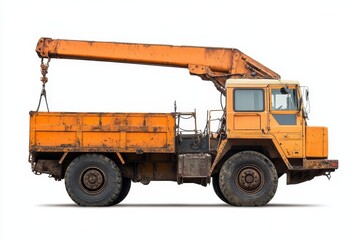 Orange Crane Truck on White Background - A rusty orange crane truck is shown in profile view against a white background. The crane arm is extended