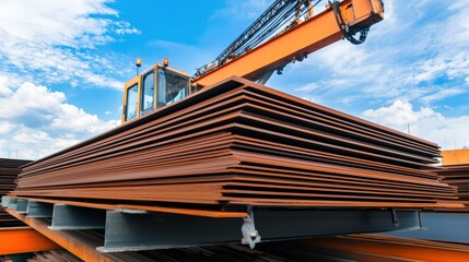 A crane lifts stacked steel plates under a blue sky, showcasing industrial equipment and structural materials.