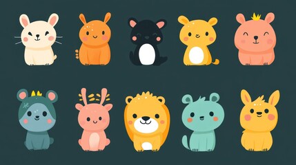 Obraz premium Cute cartoon animals, various species, sitting, colorful, cheerful, stylized, kids design, flat style, adorable, childlike.