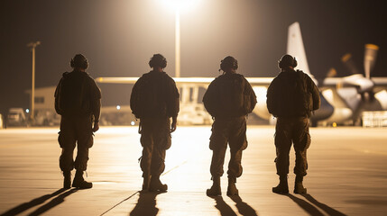 Obraz premium Defenders of the Night: Silhouette of a team of resolute soldiers, standing at attention against a darkened airfield. Illuminated by strategic lights and airplane in background.
