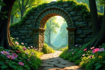 Stone Archway Path Leading Through Enchanting Sunlit Forest with Blooming Flowers