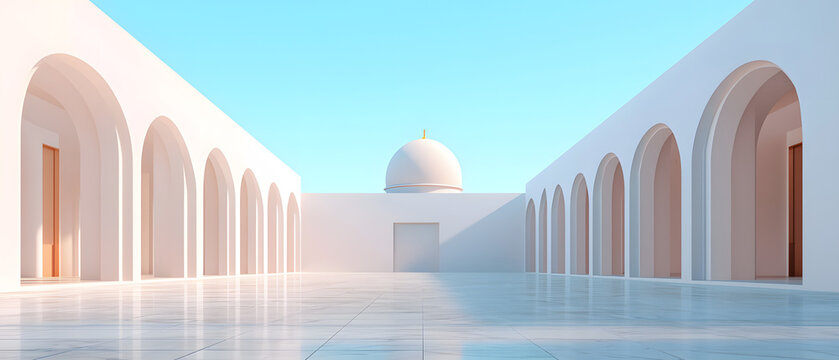 Serene Courtyard with Arched Architecture and Blue Sky