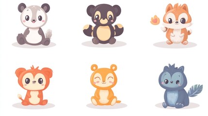 Cute cartoon animals, various species, sitting poses, stylized design.