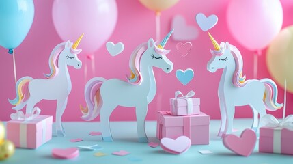 Obraz premium Assorted unicorns with heart balloons, gift boxes, and glowing neon decorations, styled for Valentine's Day cut-out designs