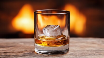 A glass of whiskey with ice sits on a wooden surface, warmly illuminated by a cozy fireplace in the background.