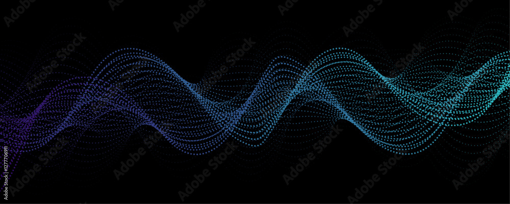 Poster Abstract background design with wavy line pattern in bright blue & black background. Blue technology sound wave flow concept. Blue particle wave of Network connection Cybernetics in Dark Background