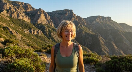 Naklejka premium A woman climbing a mountain while enjoying the beautiful view