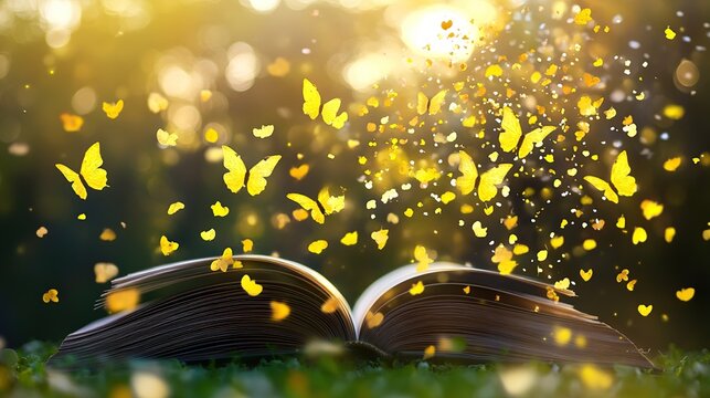 Open book, butterflies, magic, sunlight, nature, fantasy, outdoor, reading, summer, story
